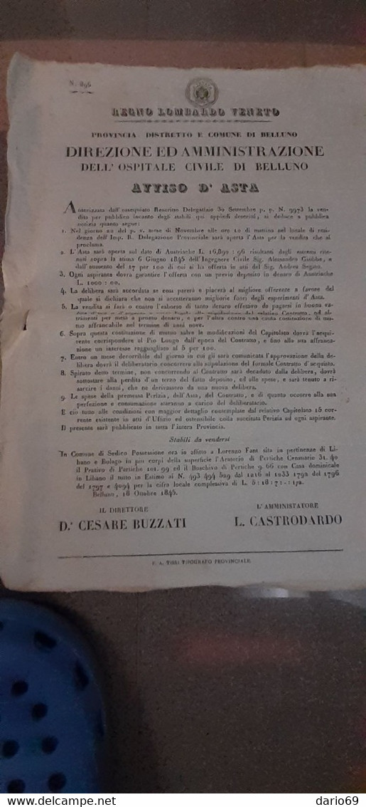 1845 BELLUNO -  REGNO LOMBARDO VENETO AVVISO D'ASTA - Décrets & Lois