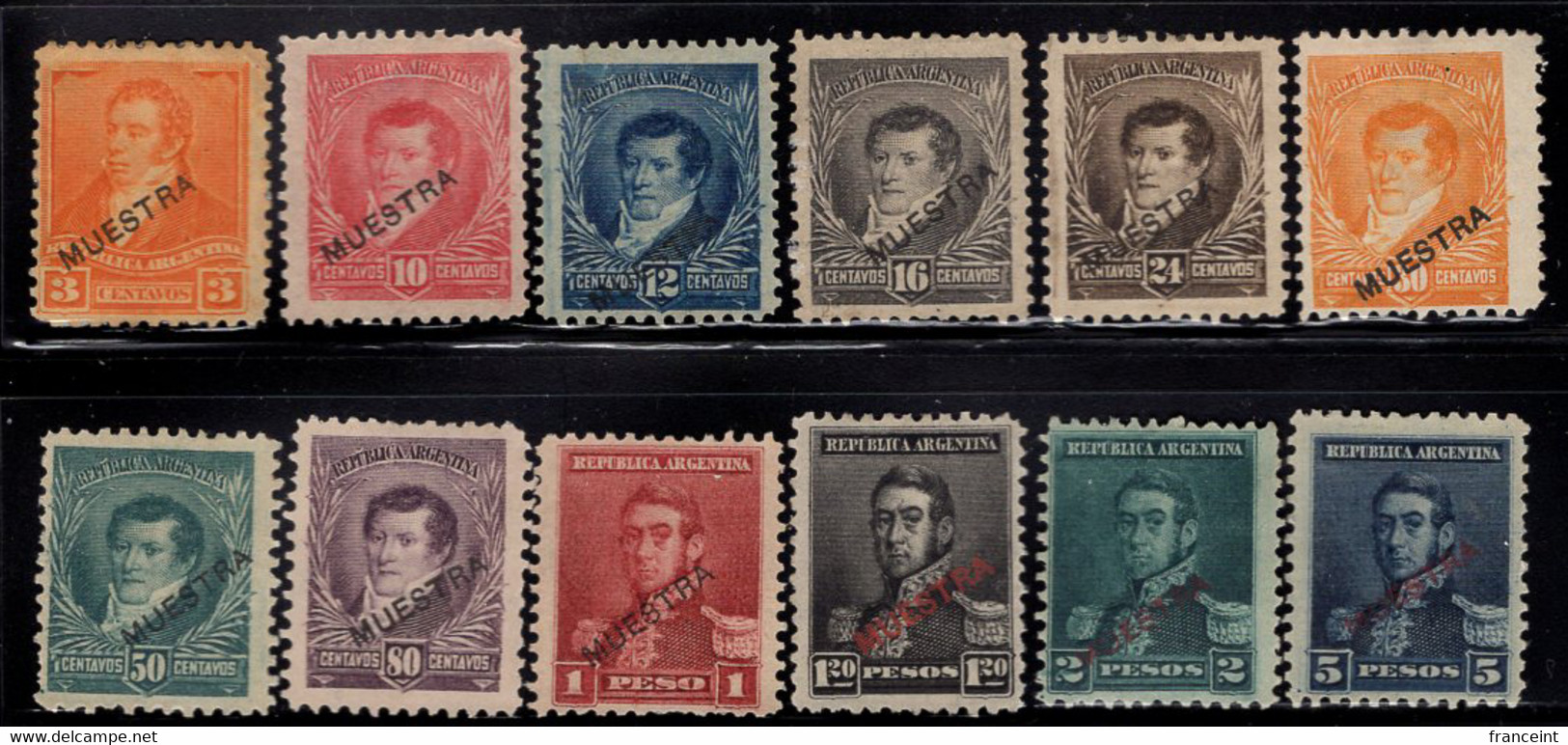 Argentina (1896) Series Overprinted MUESTRA (specimen). Scott Nos 109//121. - Unused Stamps