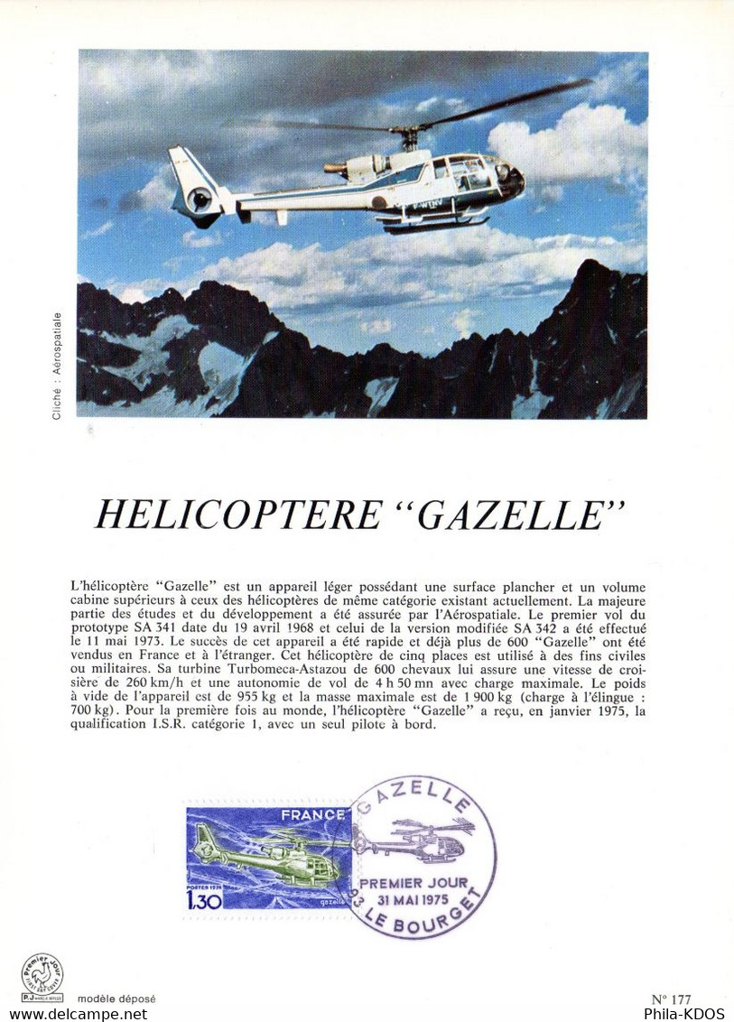 &#9989; " HELICOPTERE GAZELLE " Sur Encart 1er Jour De 1974. N° YT 1805. Parfait état FDC - Helicópteros