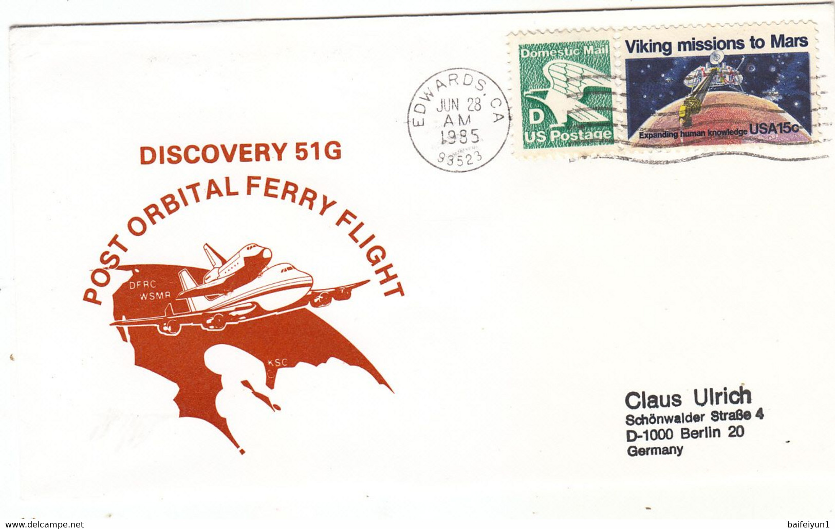 1985 USA  Space Shuttle Discovery STS-51G Mission And Post Orbital Ferry Flight  Commemorative Cover - North  America