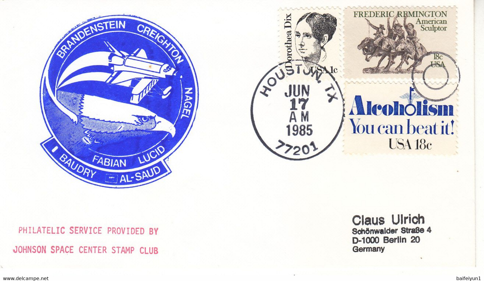 1985 USA  Space Shuttle Discovery STS-51G Mission And Astronauts Commemorative Cover - Amérique Du Nord