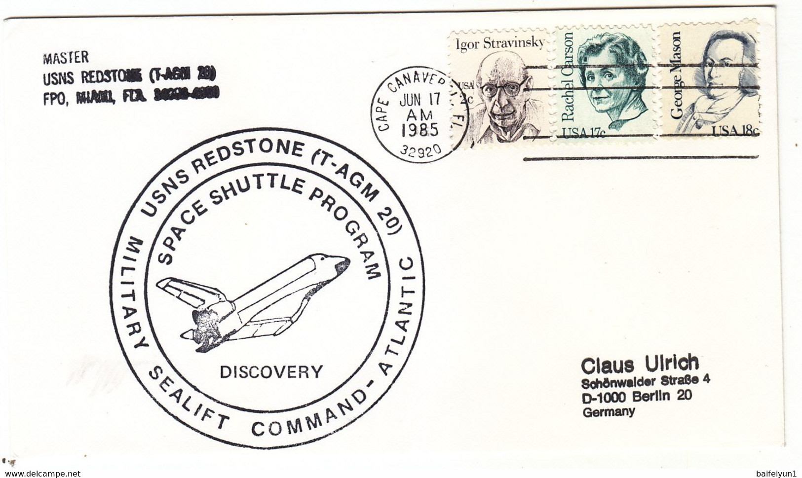 1985 USA  Space Shuttle Discovery STS-51G Mission And USNS Redstone (TGM-20) Commemorative Cover - North  America