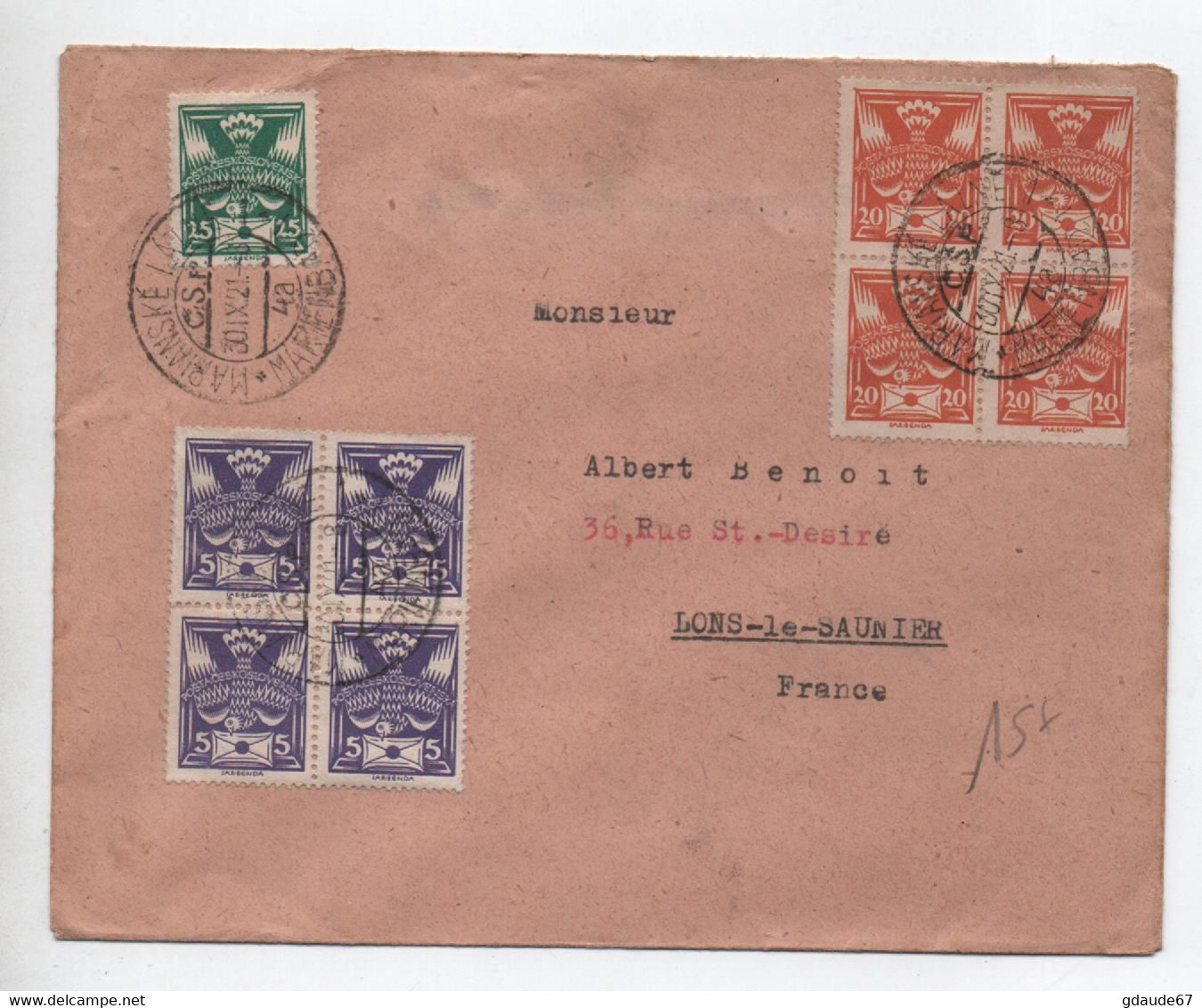 1921 - ENVELOPPE RECOMMANDEE De MARIANSKE LAZNE MARIENBAD Pour LONS LE SAUNIER (JURA) Avec 5 BLOC X5 - Briefe U. Dokumente