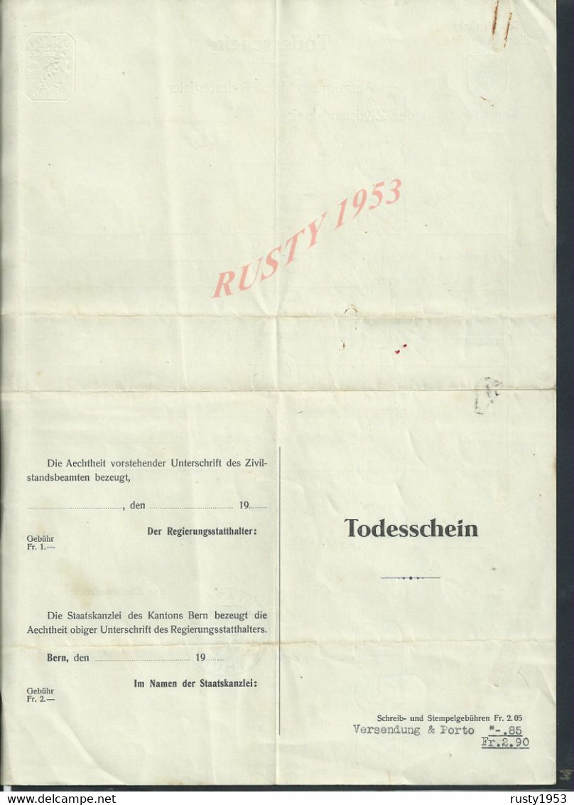 SUISSE DOCUMENT DE THUN ( THOUNE ) 1943 CANTON DE BERN SUR CACHET  : - Suisse