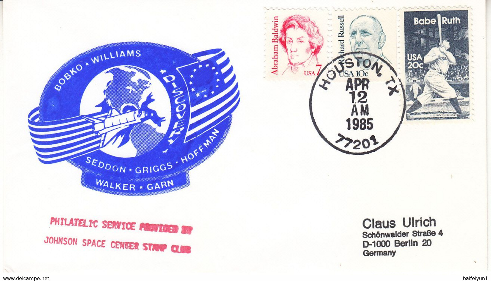 1985 USA  Space Shuttle Discovery STS-51D Mission And Astronauts Commemorative Cover - Amérique Du Nord