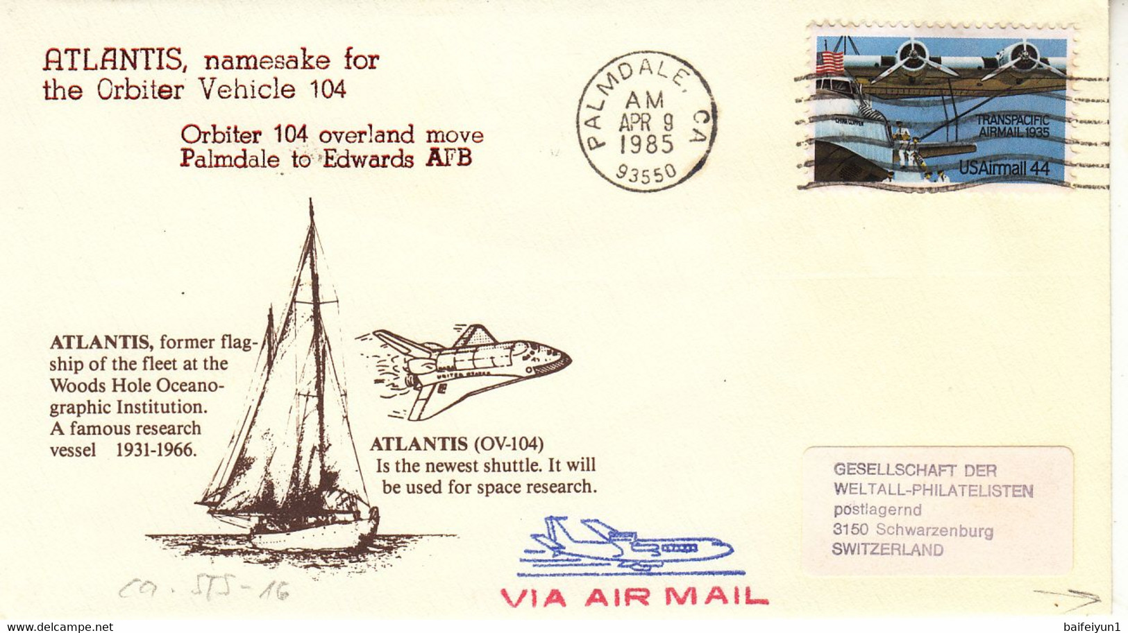 1985 USA  Space Shuttle Atlantic Namesake For The Orbiter Vehicle 104 Commemorative Cover - North  America