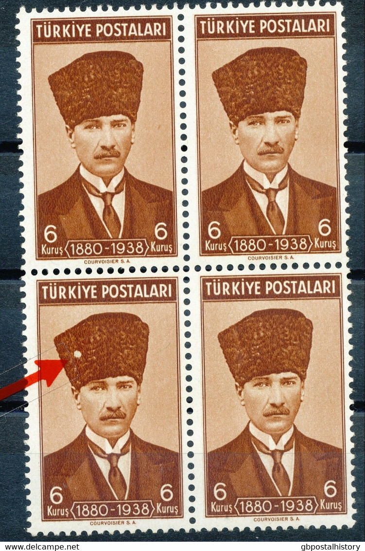 TÜRKEI 1939 Kemal Pascha (Atatürk) 6 K. Postfrische Kab.-Viererblock, ABART - Unused Stamps