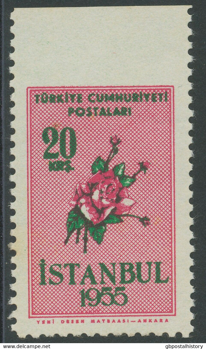 TÜRKEI 1955 Frühlings- U Blumenfest Istanbul 20 K Edelrosen ABART OBEN UNGEZÄHNT - Neufs
