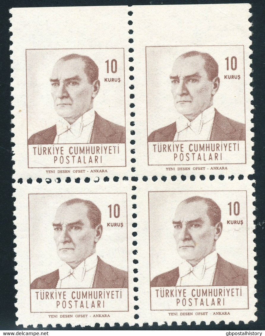 TÜRKEI 1962 Atatürk 10 K. Violetbraun, Postfr. Pra.-Viererblock ABART: UNGEZÄHNT - Ungebraucht