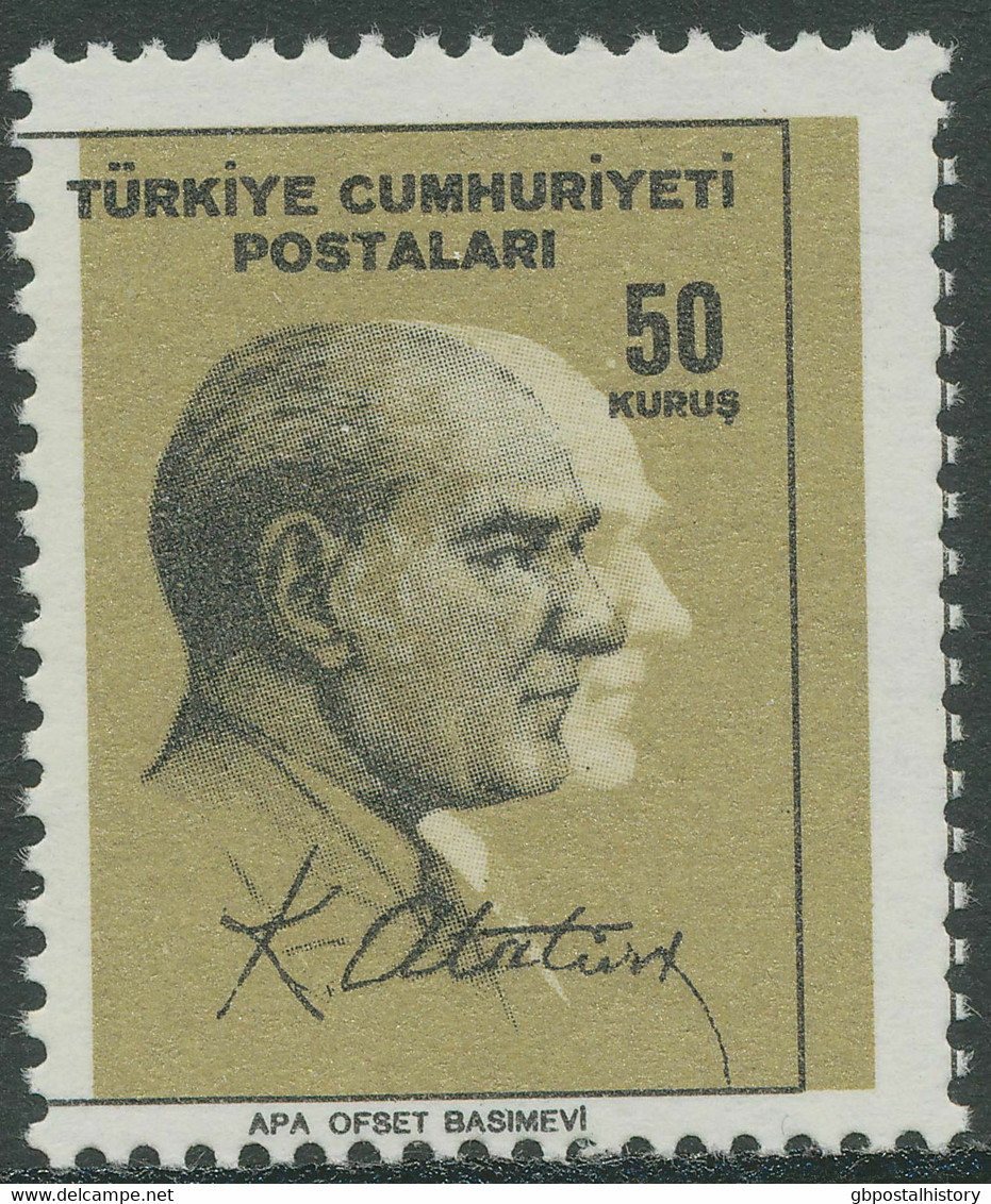 TÜRKEI 1965 Atatürk 50 K Schwarz/gelb Postfr ABART Schwarzdruck Stark Verschoben - Ungebraucht
