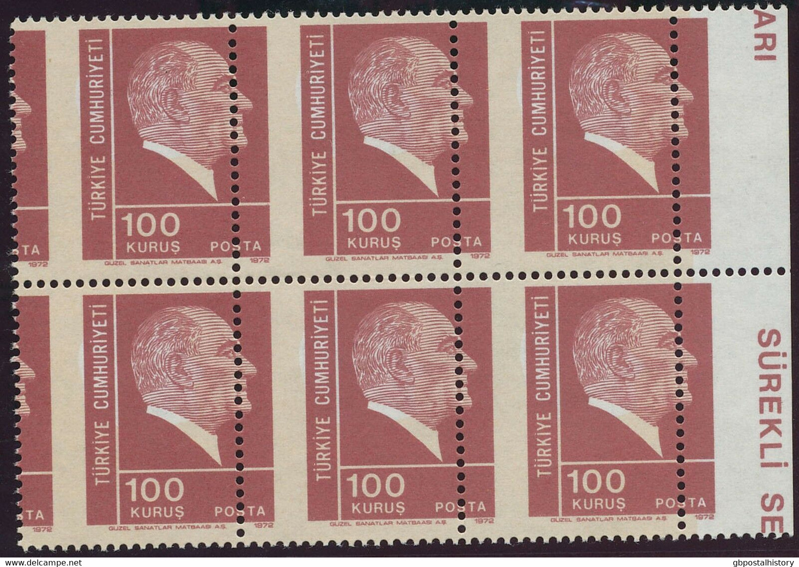 TÜRKEI 1972 Atatürk 100K Postfr. Kab.-6-er-Block ABARTEN Verschobener Unterdruck - Unused Stamps