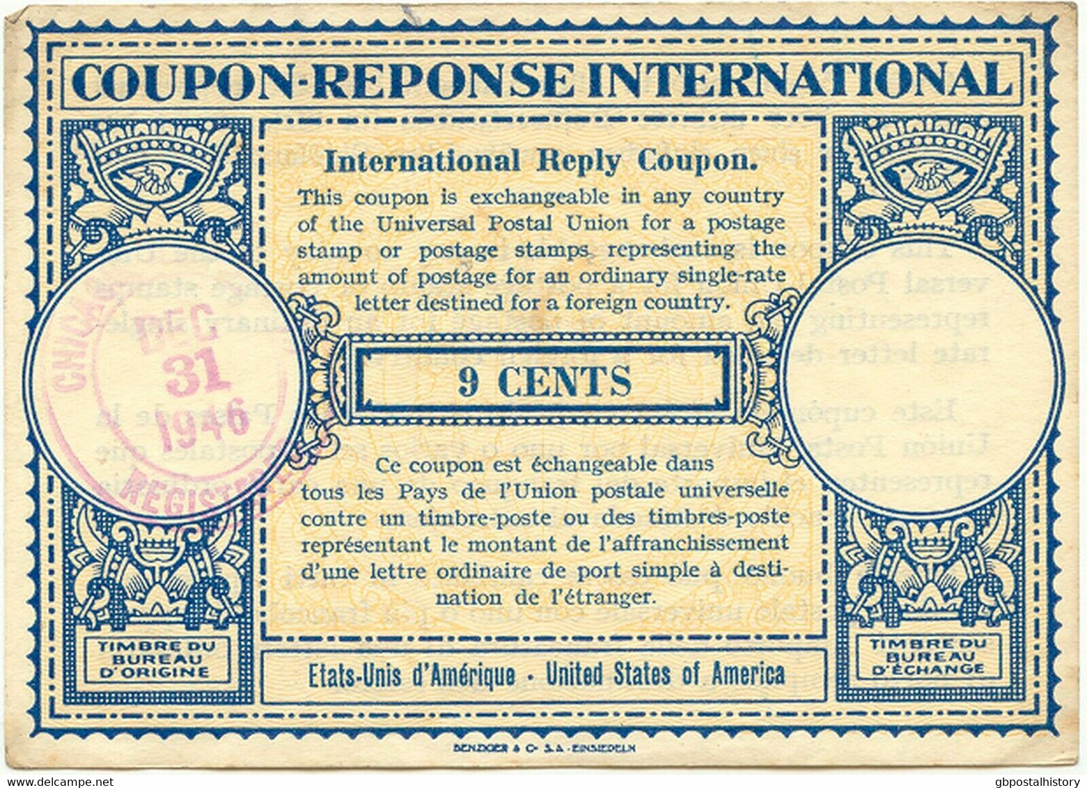 USA 1946 Internationale Antwortschein Zu 9 Cent Viol. K2 "CHICAGO / REGISTERED" - Otros & Sin Clasificación