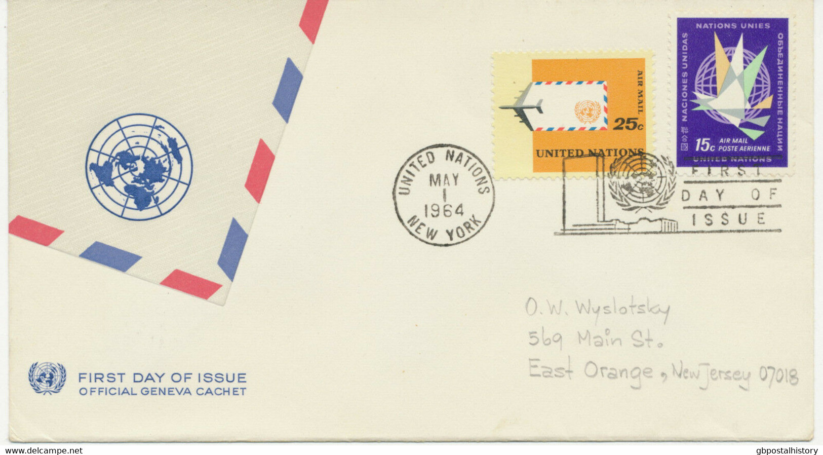 UNO NY 1.5.1964, 15 C And 25 C Air Mails On Superb FDC - FDC