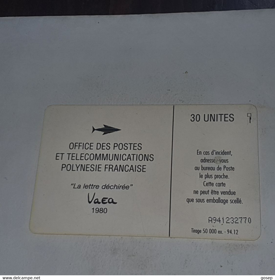 French Polynesia-(FP028)-vaea-(6)-(A941232770)-(30units)-(tirage-50.000)-used Card+1card Prepiad Free - Polynésie Française