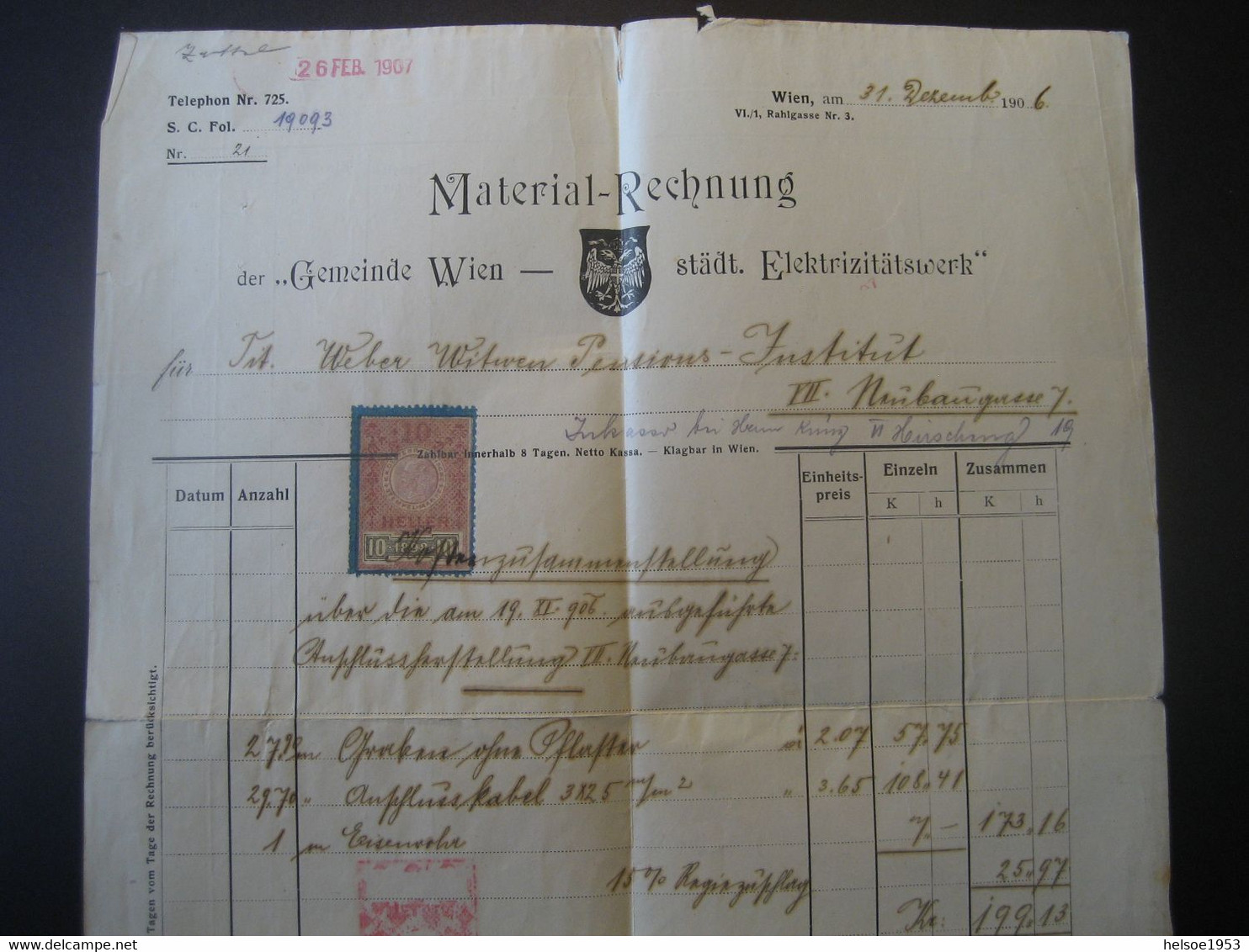 Österreich Steuermarke 1907- Materialrechnung Der Gemeinde Wien Vom Städt. Elektrizitätswerk - Steuermarken