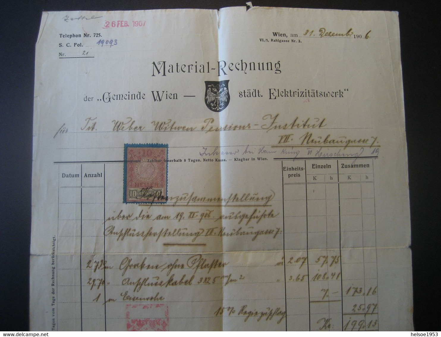 Österreich Steuermarke 1907- Materialrechnung Der Gemeinde Wien Vom Städt. Elektrizitätswerk - Revenue Stamps