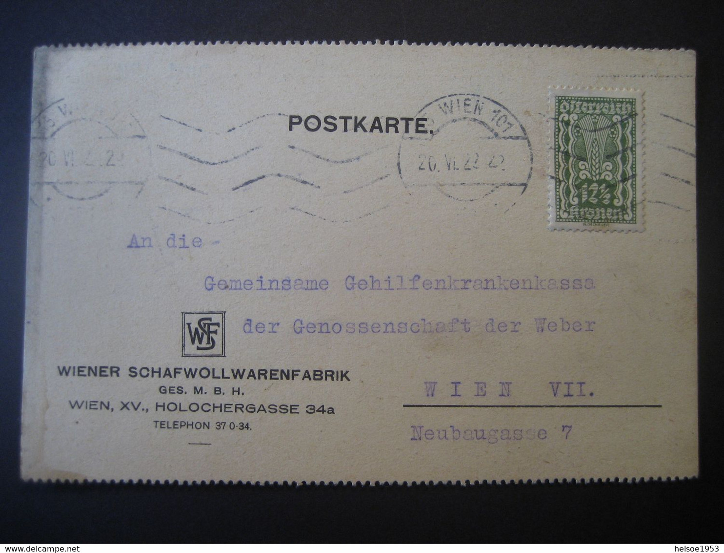 Österreich 1. Republik 1922/24- Postkarte An Die Gehilfen-Krankenkasse Wien VII, MiNr. 368 - Brieven En Documenten