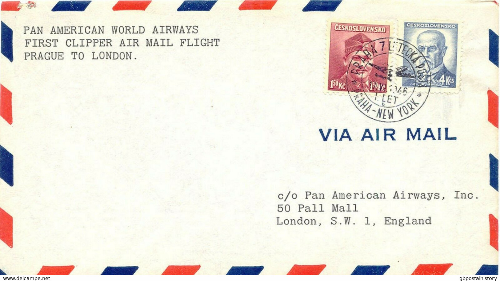 TSCHECHOSLOWAKEI 1946 Erstflug, PAA First Clipper Air Mail Flight PRAG - LONDON - Airmail