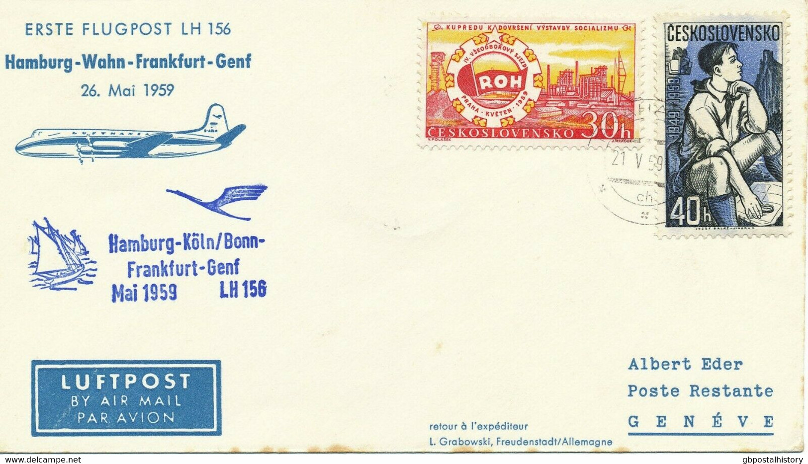 TSCHECHOSLOWAKEI 1959 Mitläuferpost Der Lufthansa HAMBURG - NIZZA + HAMBURG-GENF - Luftpost
