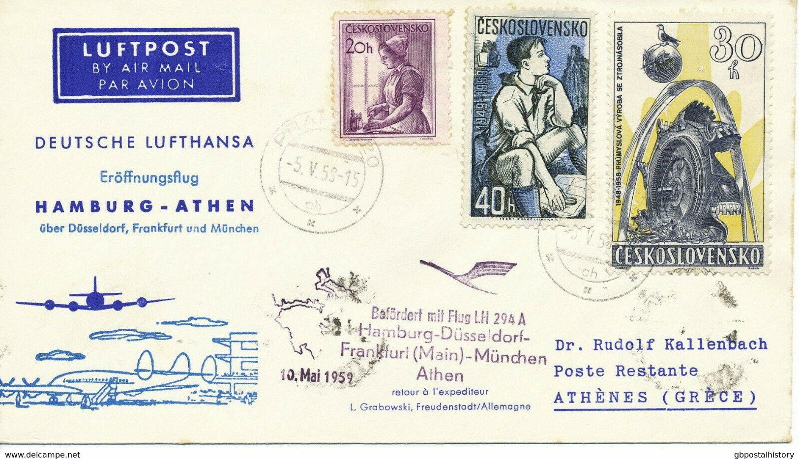 TSCHECHOSLOWAKEI 1959 Selt. Kab.-Mitläuferpost Der Lufthansa HAMBURG - ATHEN - Posta Aerea