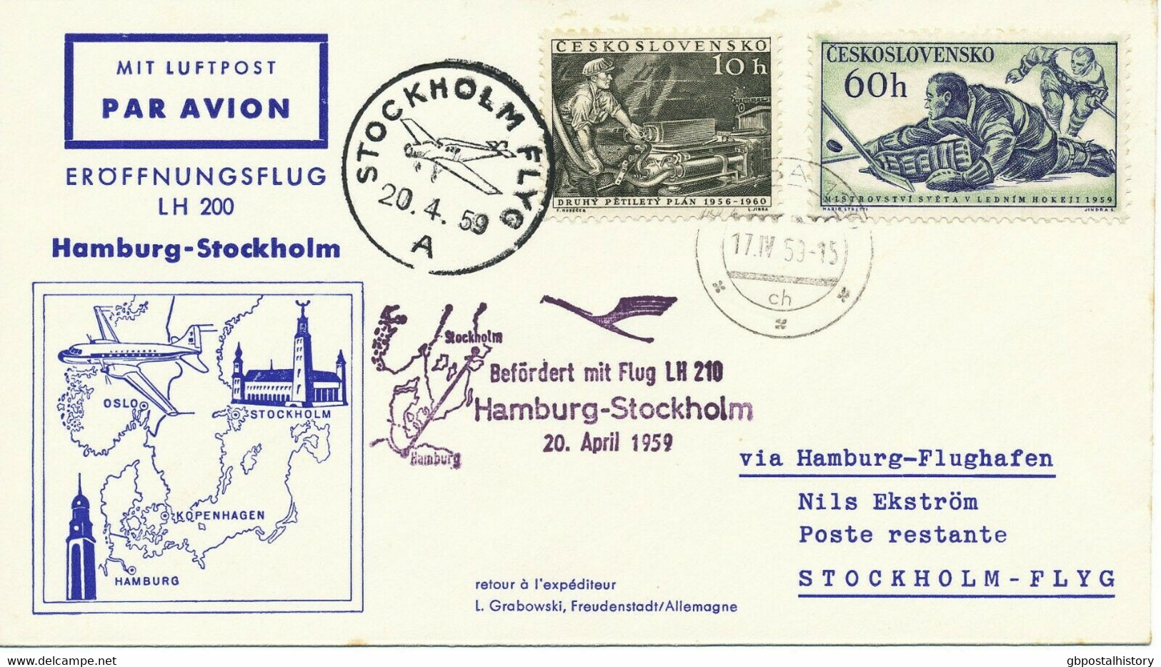 TSCHECHOSLOWAKEI 1959 Selt. Kab.-Mitläuferpost Der Lufthansa HAMBURG - STOCKHOLM - Airmail