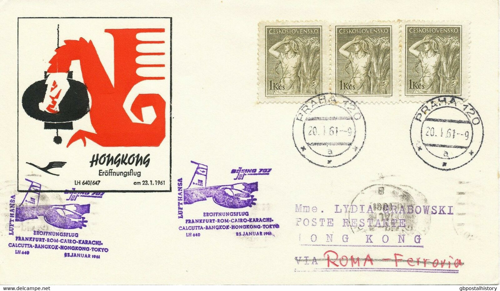TSCHECHOSLOWAKEI 1961 Selt. Mitläuferpost Der Lufthansa FRANKFURT - HONG KONG - Airmail