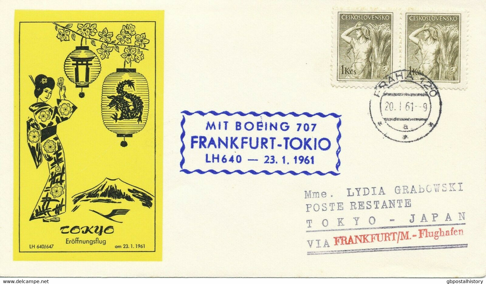 TSCHECHOSLOWAKEI 1961, Selt. Mitläuferpost Der Lufthansa LH640 FRANKFURT - TOKYO - Airmail