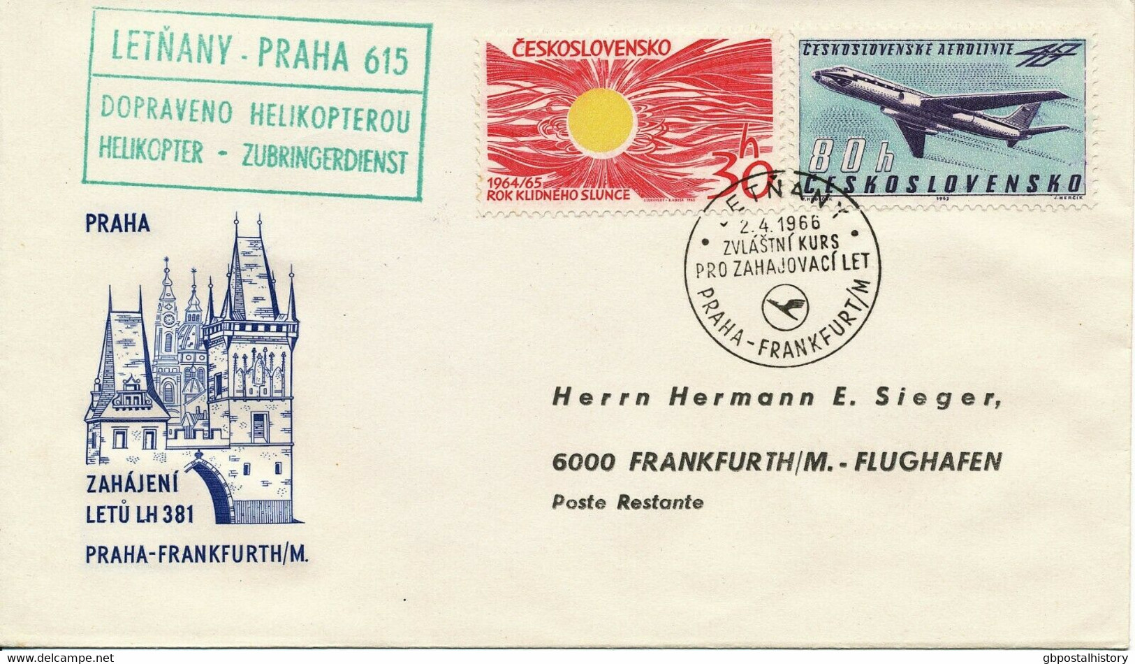 TSCHECHOSLOWAKEI 1966 Helikopter-Zubringer-Erstflug LETNANY - PRAG - FRANKFURT - Airmail
