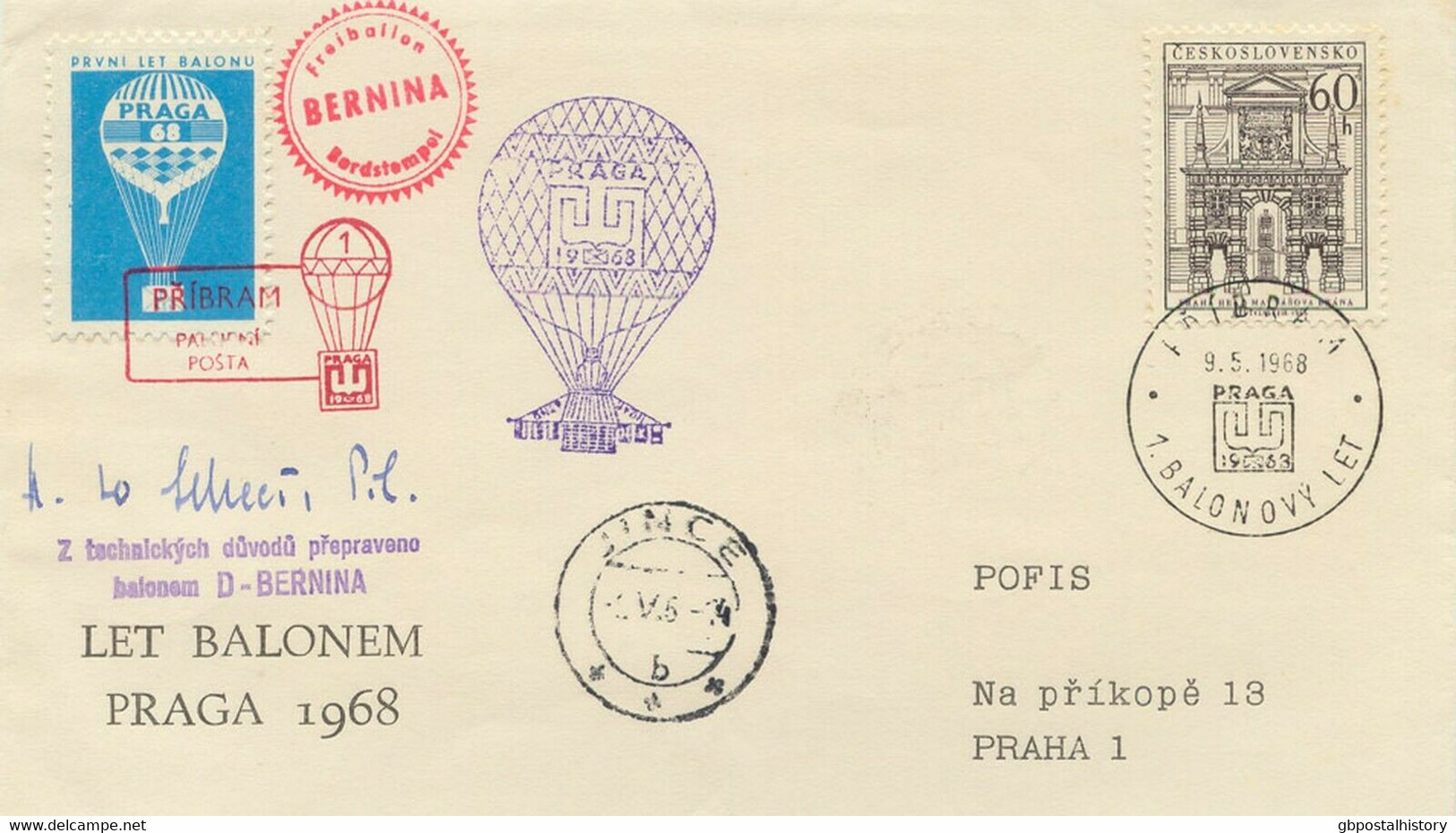 TSCHECHOSLOWAKEI 1968, PRAGA Ballonpostbeleg Mit Pilotenunterschrift (Scheer) - Luftpost