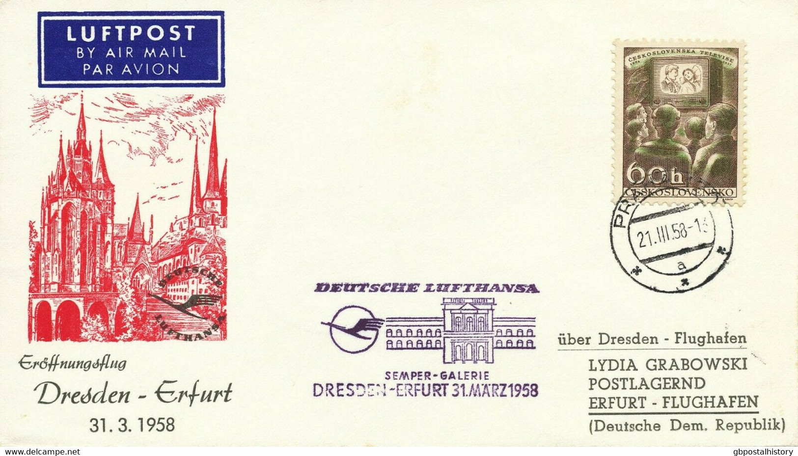 TSCHECHOSLOWAKEI 31.3.1958, Selt. Kab.-Mitläuferpost Der Deutsche Lufthansa Ost - Airmail