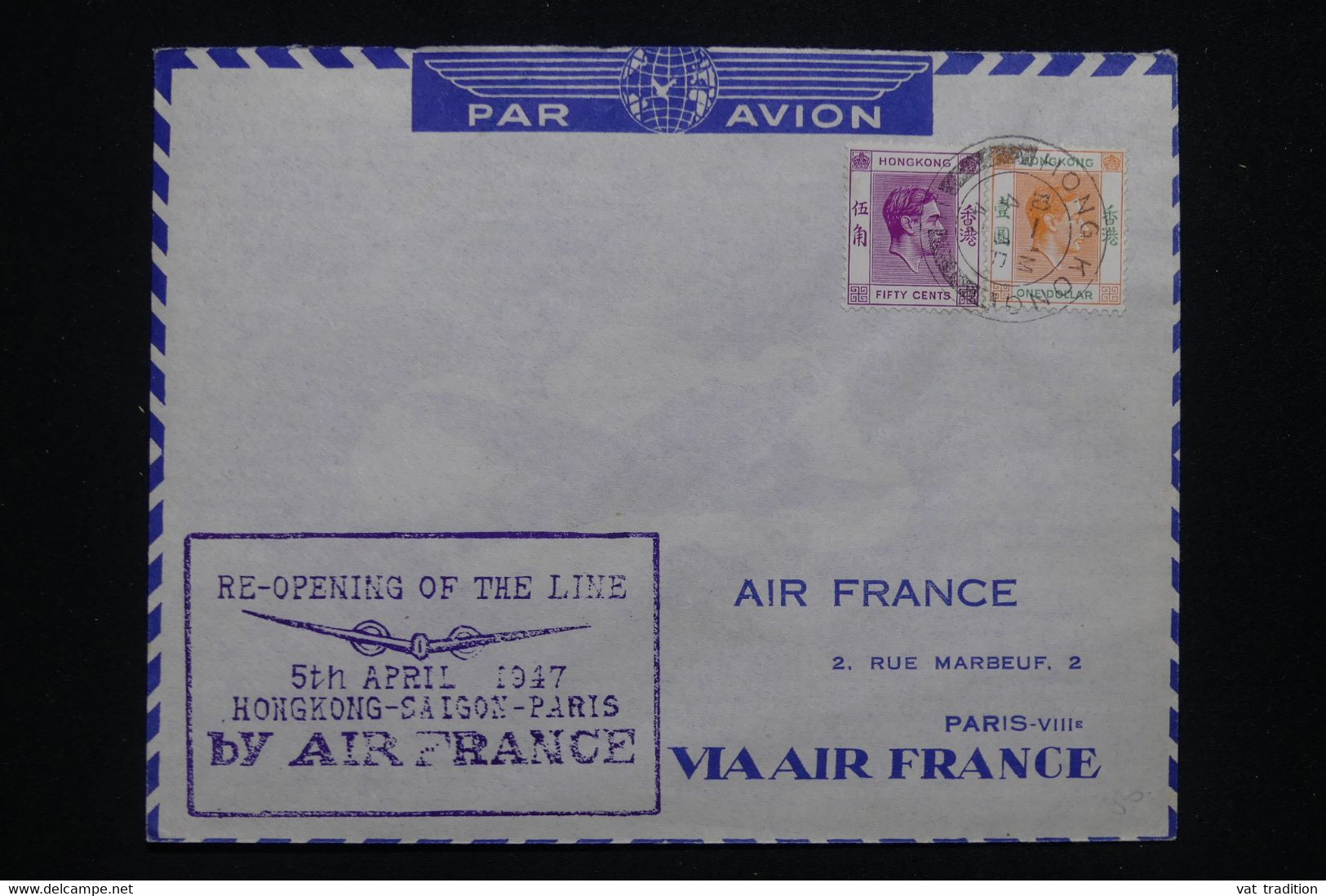 HONG KONG - Enveloppe Pour Paris En 1947 Par 1er Vol De Reprise De La Liaison Air France - L 93280 - Covers & Documents