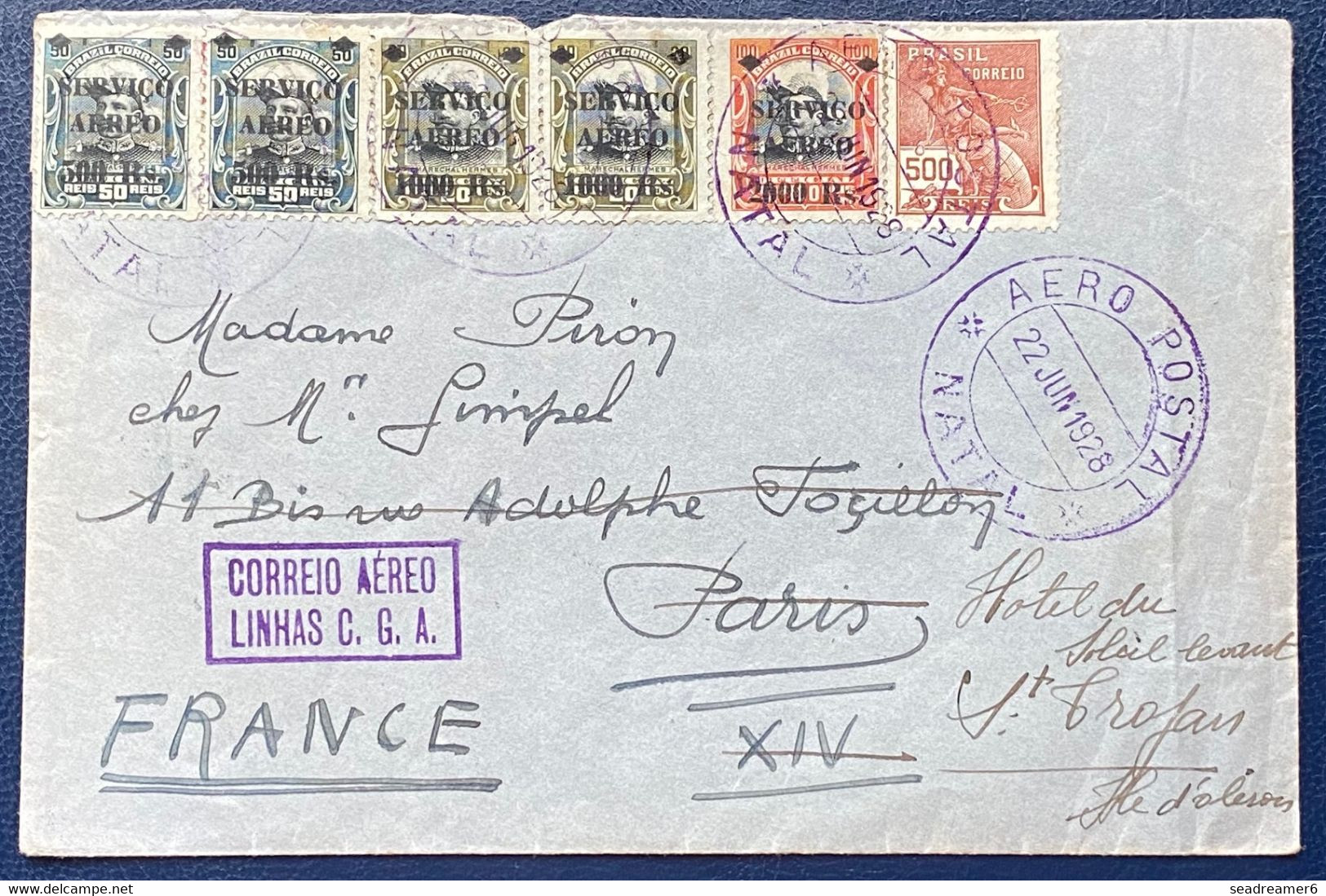 Bresil Brazil Lettre Correio Aero Linhas C.G.A Poste Aerienne N°7 X2, 8, 9 & 177 Aero Postal Natal Pour Paris Sup ! - Poste Aérienne (Compagnies Privées)