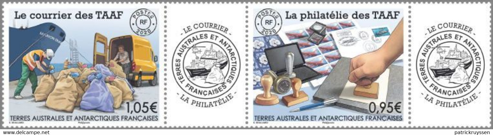 Fsat Taaf 2020 Fsat Antarctic Philately Mail Post Letter Bag Boat Postman Courier Philatelie 2v Strip  + 2 Label Mnh - Ongebruikt