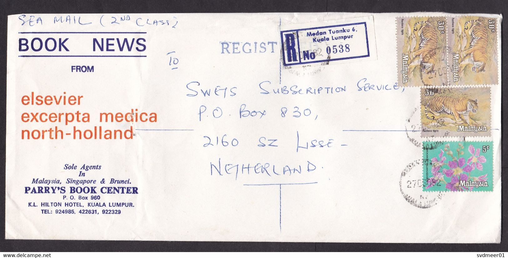 Malaysia: Registered Sea Mail Cover To Netherlands, 1982, 4 Stamps, Tiger, Flower, R-label Medan Tuanku (damaged) - Malesia (1964-...)