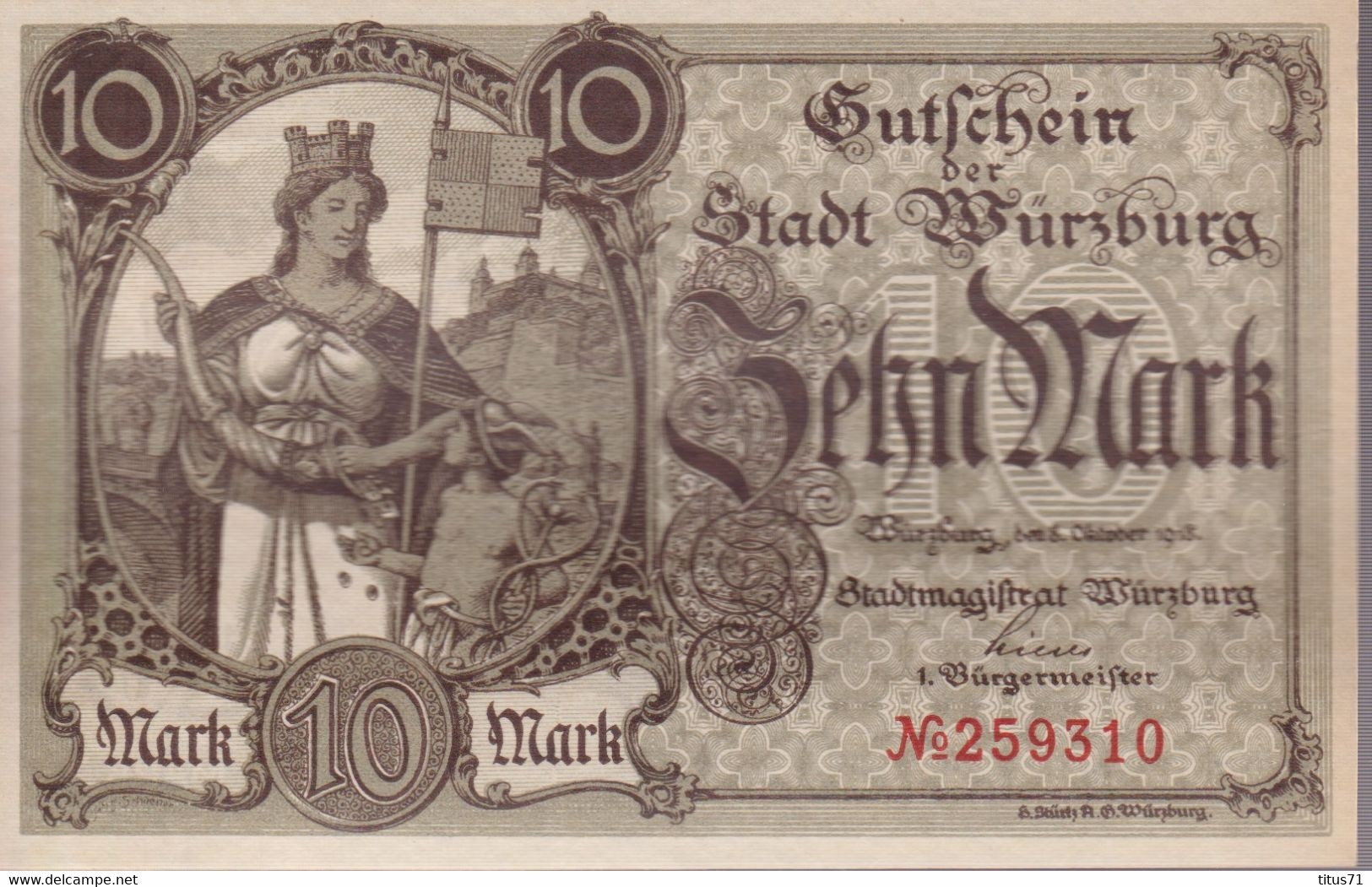 Notgeld Allemagne 10 Mark Würzburg / Wurtzbourg - 8/10/1918 - Etat Neuf / XF - Collezioni