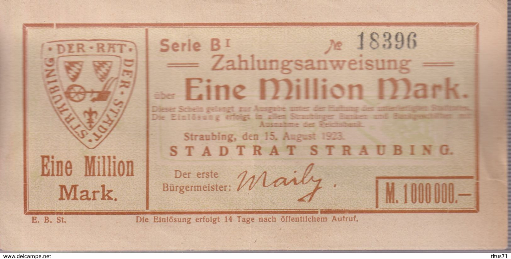 Notgeld Allemagne 1 Million Mark - Straubing - 15/08/1923 - Très Bon état / VF - Collections