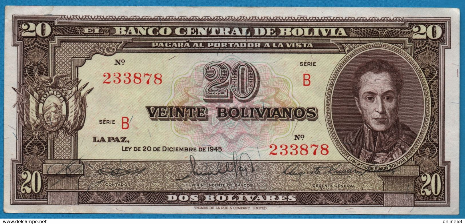 BOLIVIA 20 Bolivianos   	  L. 20.12.1945  # B 233878  P# 140   Simón Bolívar - Bolivie