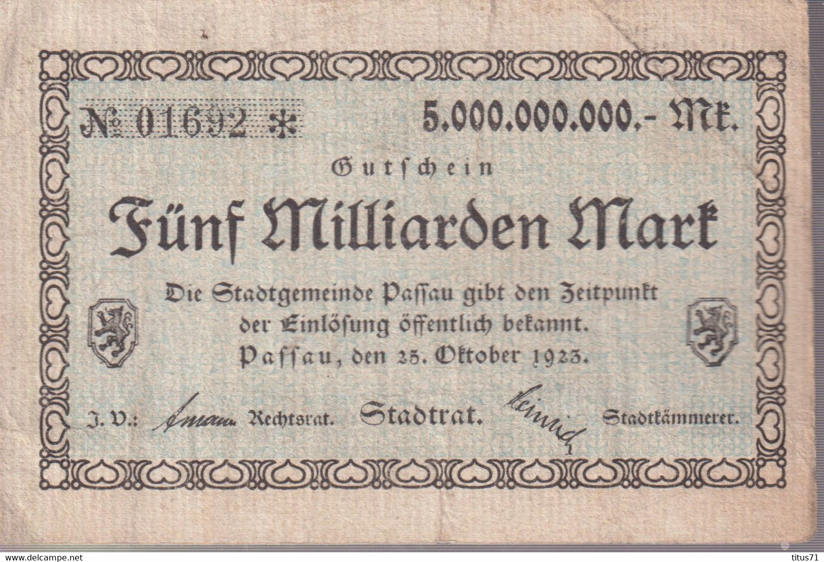 Notgeld Allemagne 5 Milliarden Mark / 5 Milliards Mark - Passau - 23/10/1923 - Bon état - Verzamelingen