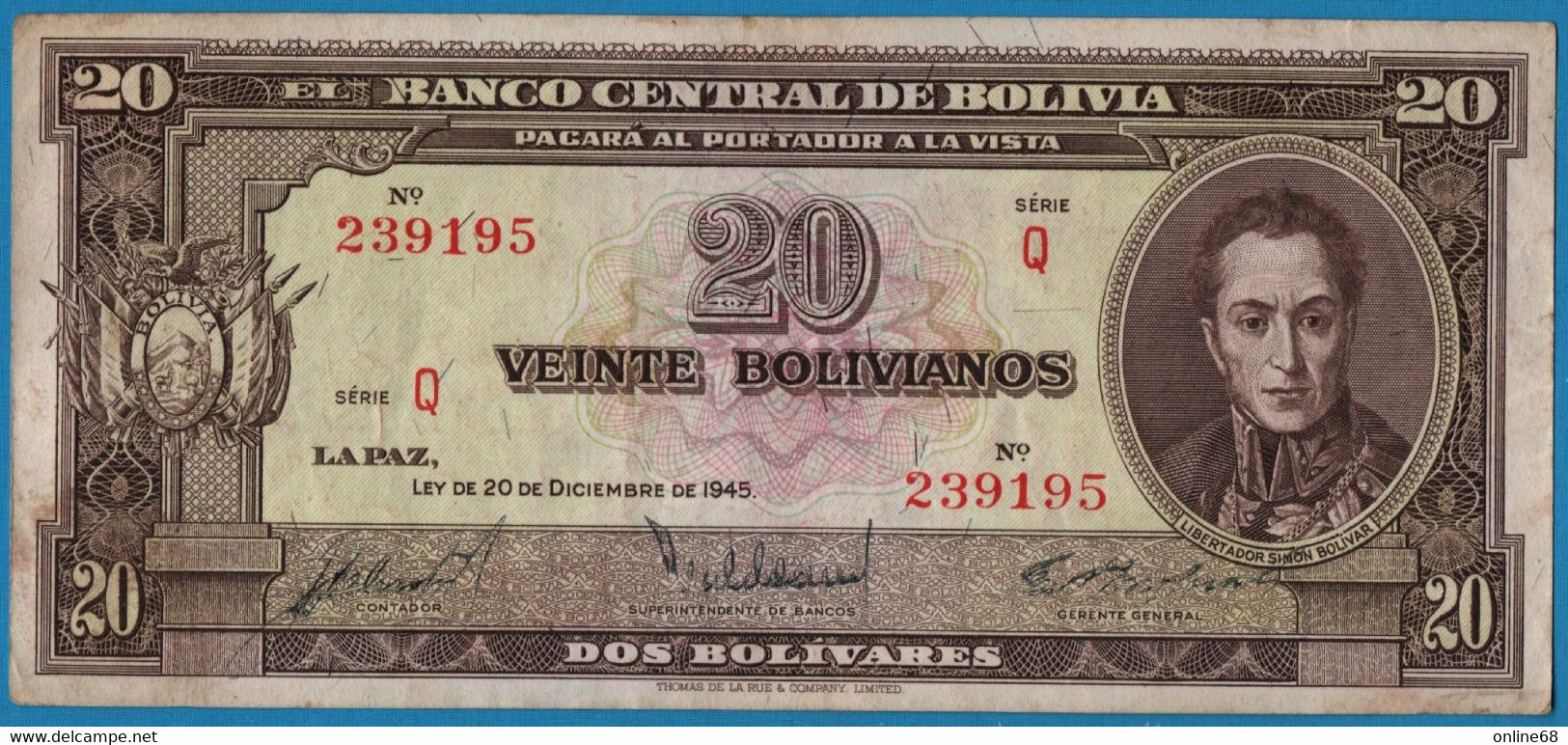 BOLIVIA 20 Bolivianos   	  L. 20.12.1945  # Q 239195  P# 140   Simón Bolívar - Bolivie