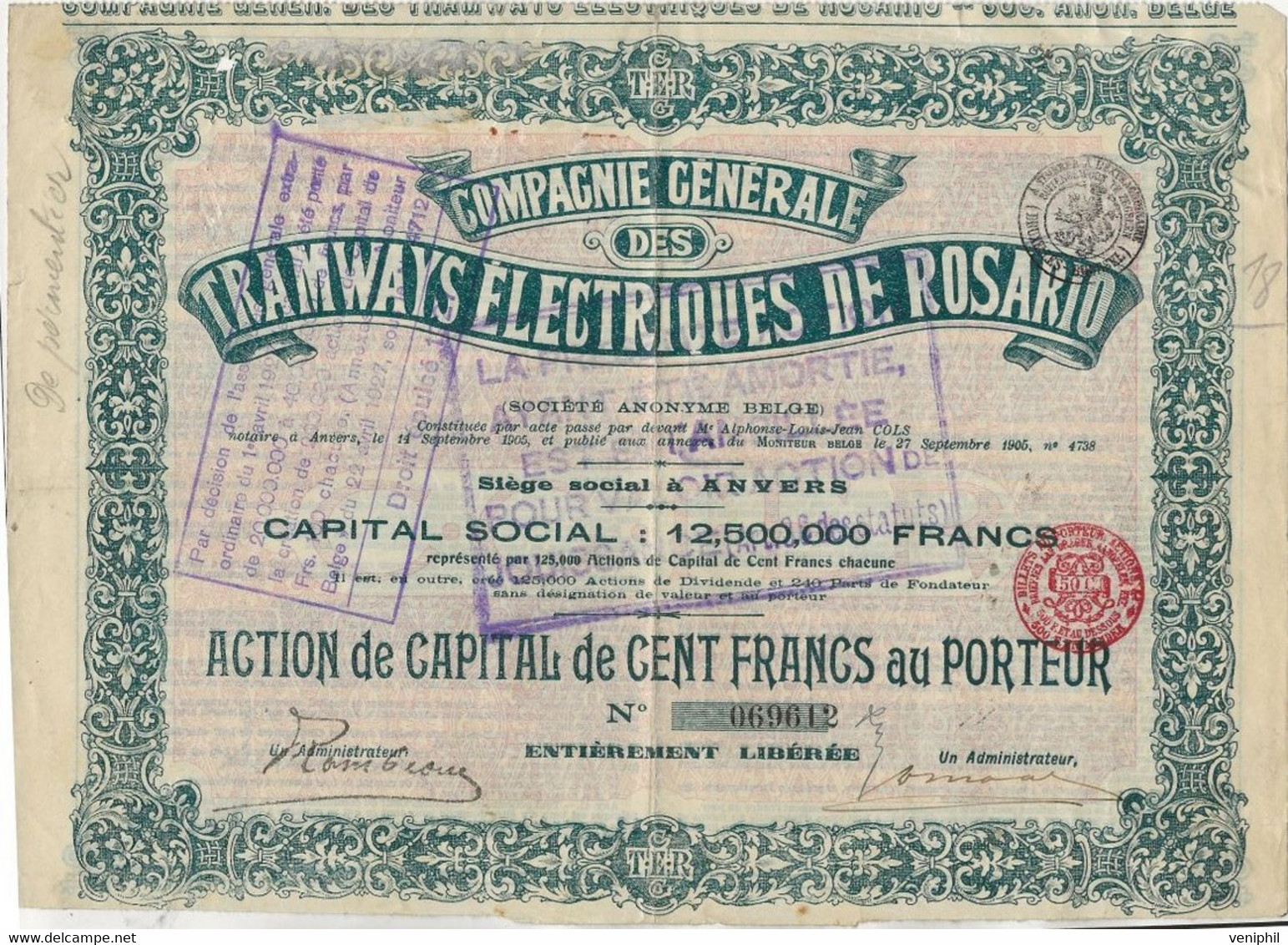 COMPAGNIE GENERALE DES TRAMWAYS ELECTRIQUES DE ROSARIO-ARGENTINE - ACTION DE CENT FRANCS -ANNEE 1905 - Ferrovie & Tranvie