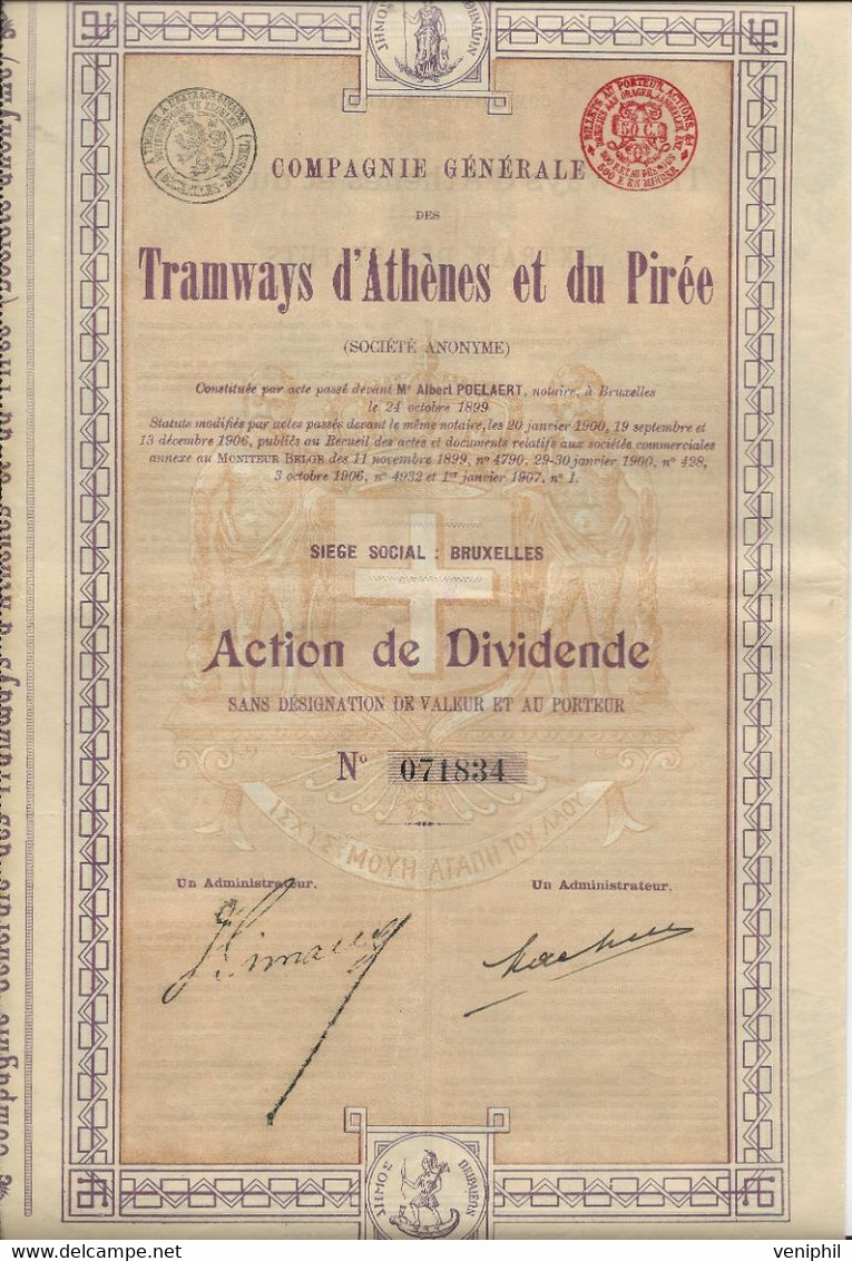 COMPAGNIE GENERALE DES TRAMWAYS D'ATHENES ET DU PIREE -ACTION DE DIVIDENDE -ANNEE 1906 - Ferrocarril & Tranvías