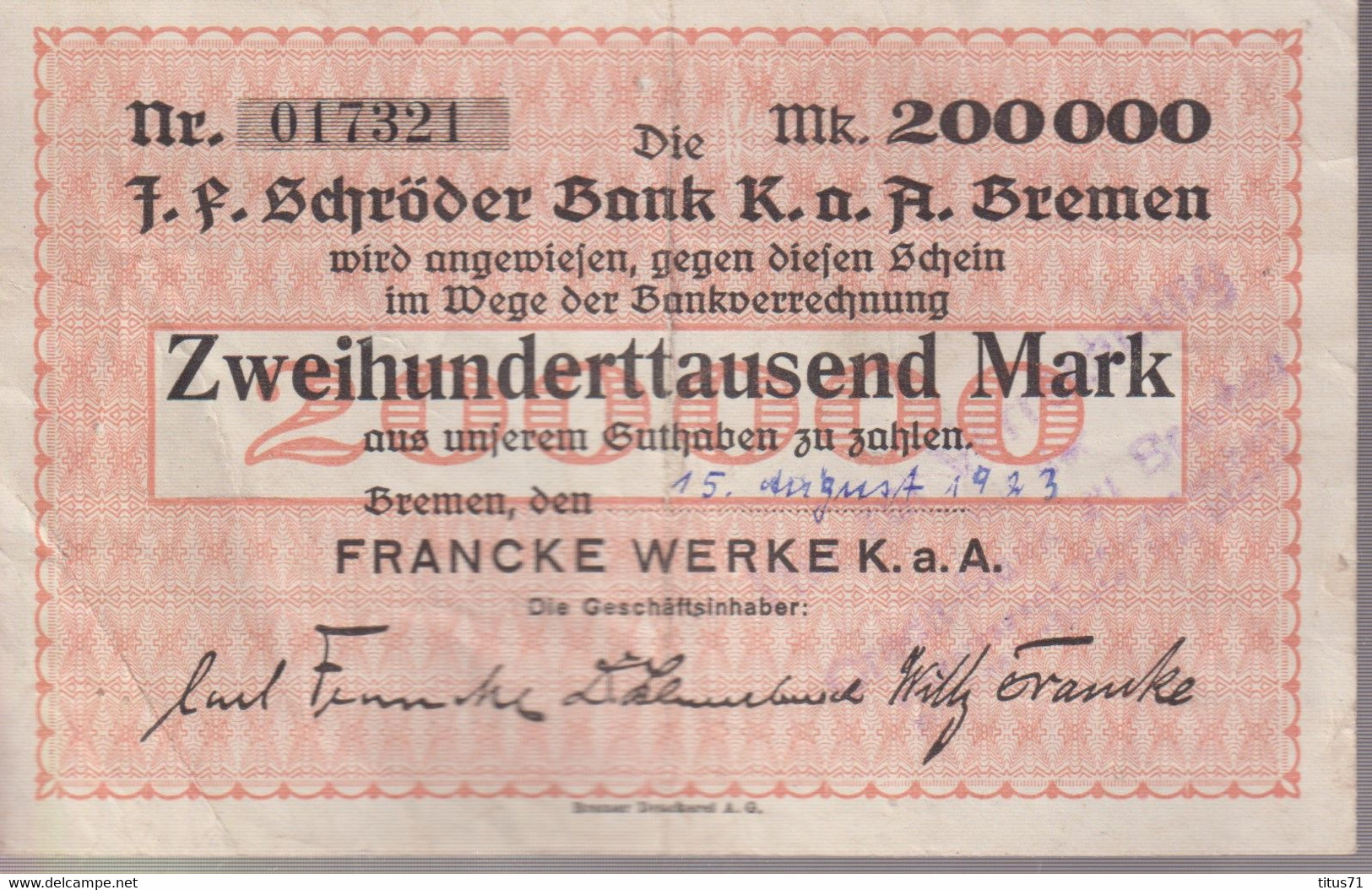 Notgeld Allemagne 200 000 Mark Bank Schröder - Bremen - 15/08/1923 - Bon état - Collezioni