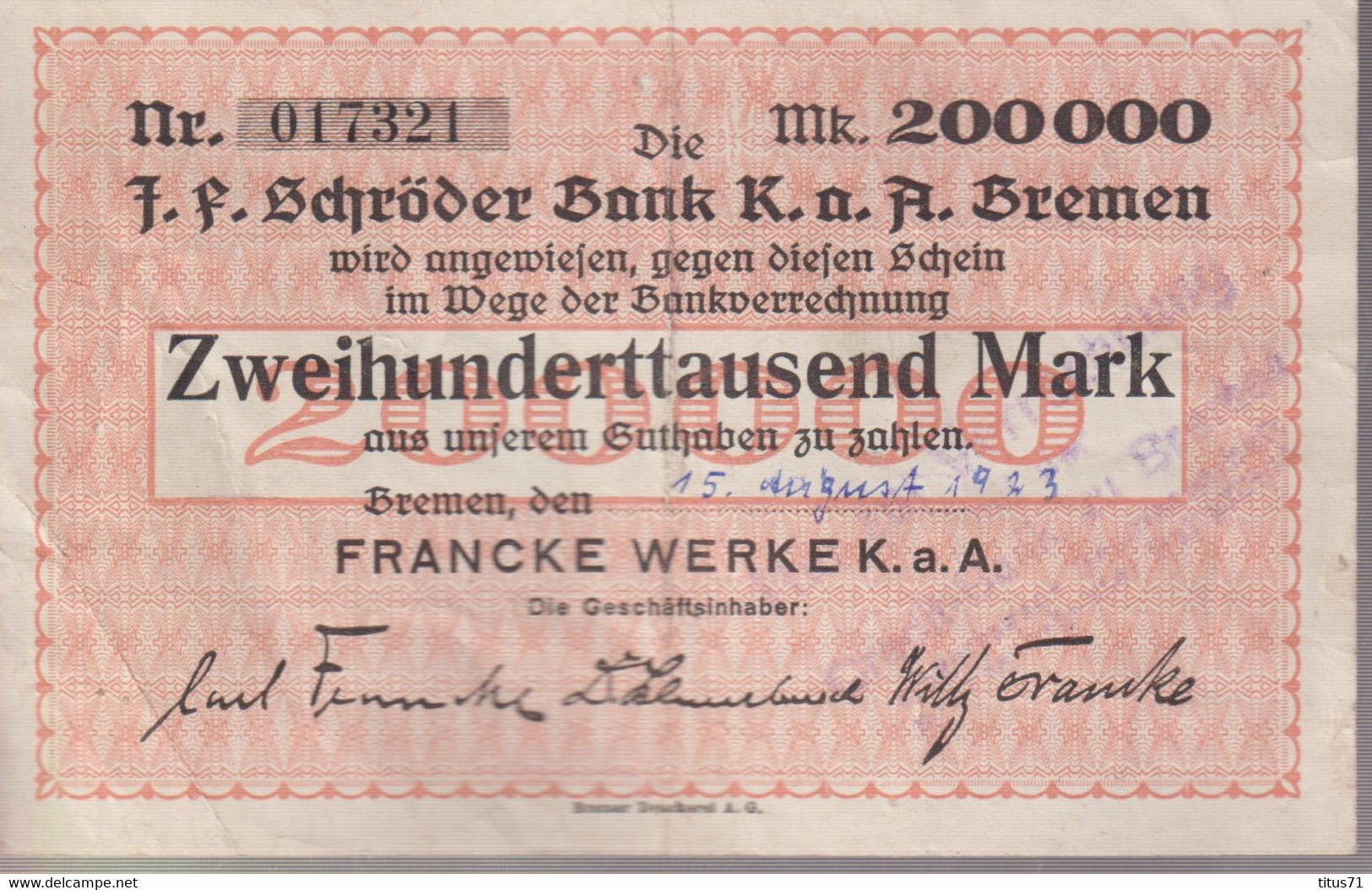 Notgeld Allemagne 200 000 Mark Bank Schröder - Bremen - 15/08/1923 - Bon état - Sammlungen