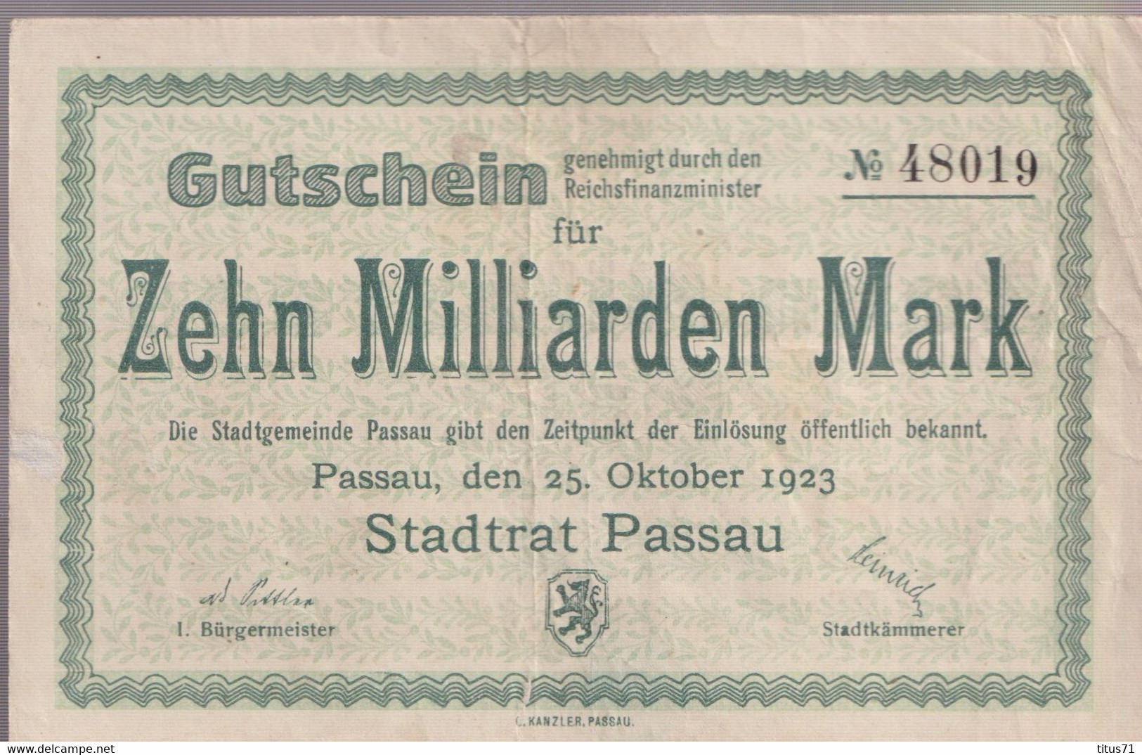 Notgeld Allemagne 10 Milliarden Mark / 10 Milliards De Mark - Passau - 25/10/1923 - Bon état - Collections