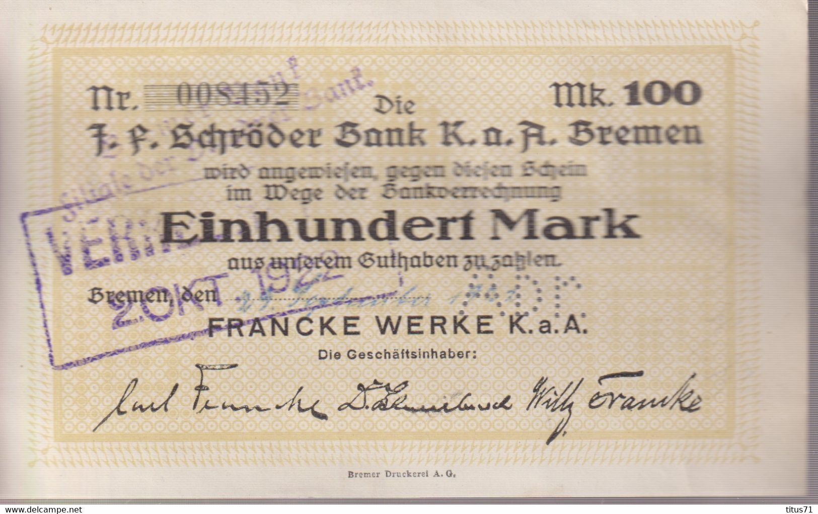 Notgeld Allemagne 100 Mark Bank Schröder - Bremen - 02/10/1922 - Très Bon état - Perforations - Colecciones