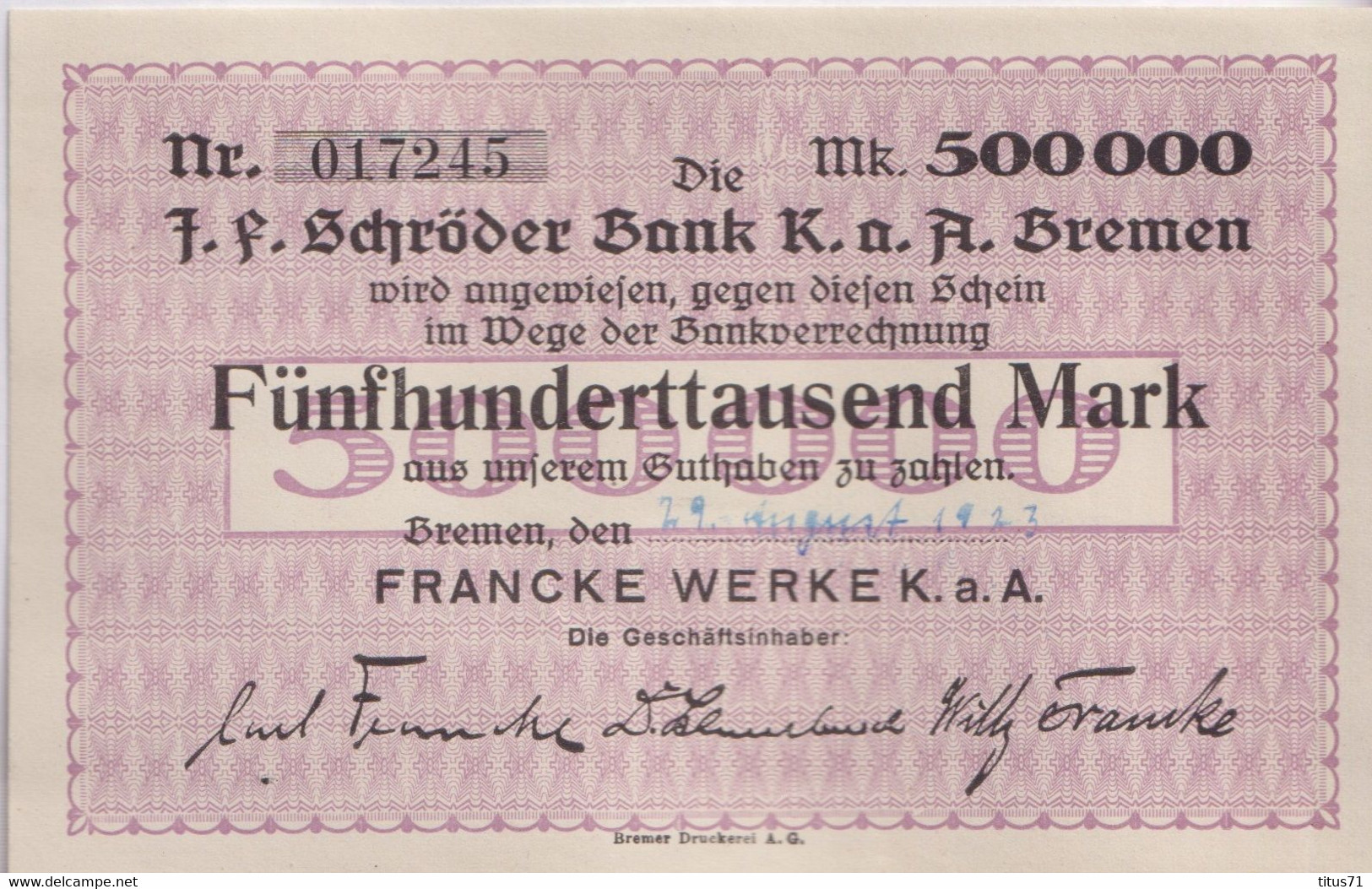 Notgeld Allemagne 500 000 Mark Bank Schröder - Bremen - 29/08/1923 - Etat Neuf / XF - Colecciones