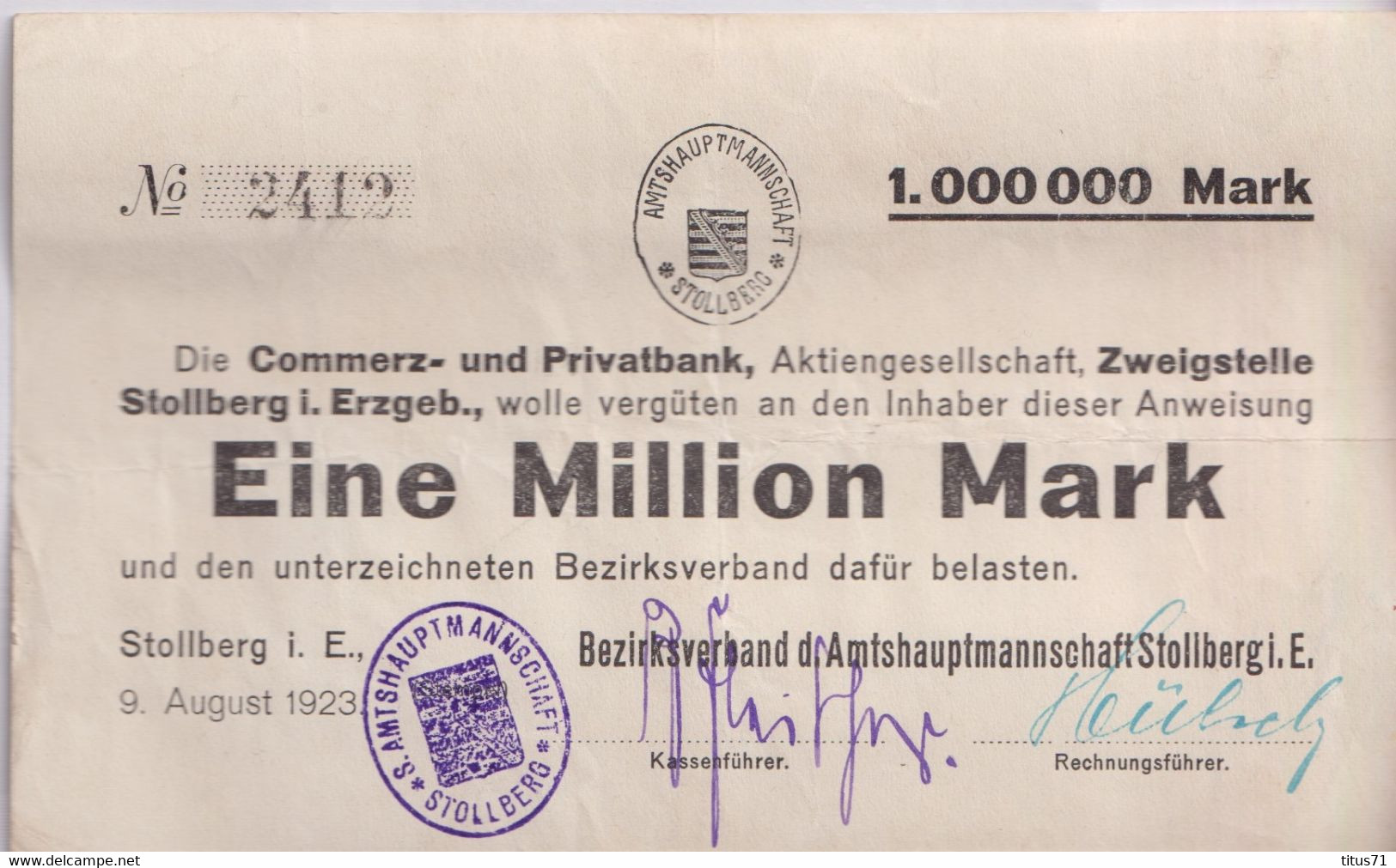 Notgeld Allemagne 1 Million Mark Bank Commerz Und Privatbank - Stollberg 9/08/1923 - Signatures Manuelles - Collections