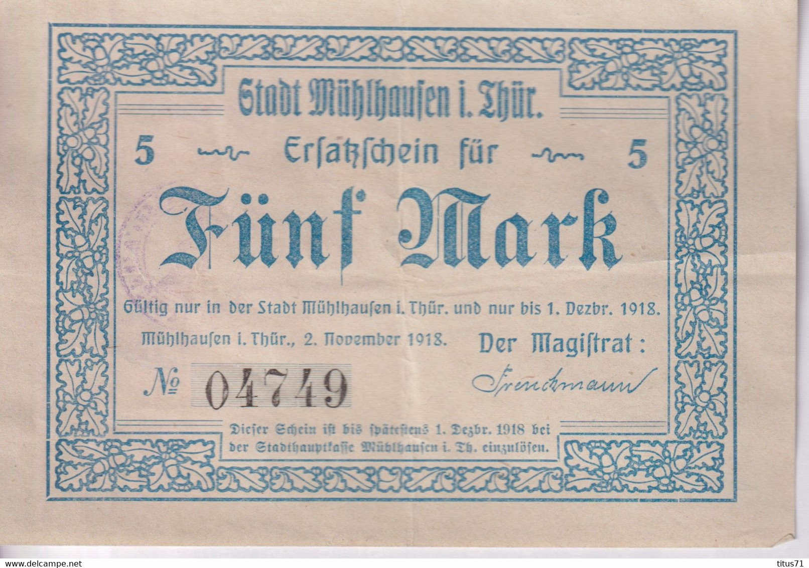 Notgeld Allemagne 5 Mark Muhlhausen 02/11/1918 - Très Bon état - Verzamelingen