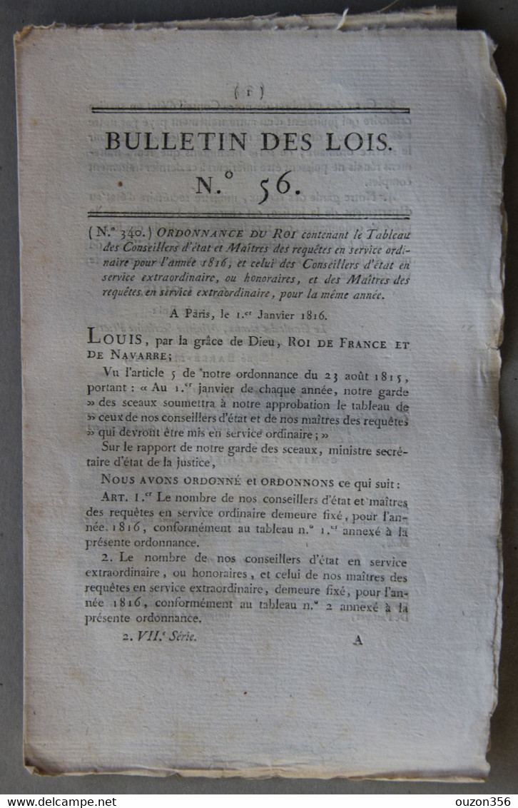 Bulletin Des Lois Du Royaume De France N°56, 7e Série, T.2, 1816, Conseillers D'état - Décrets & Lois