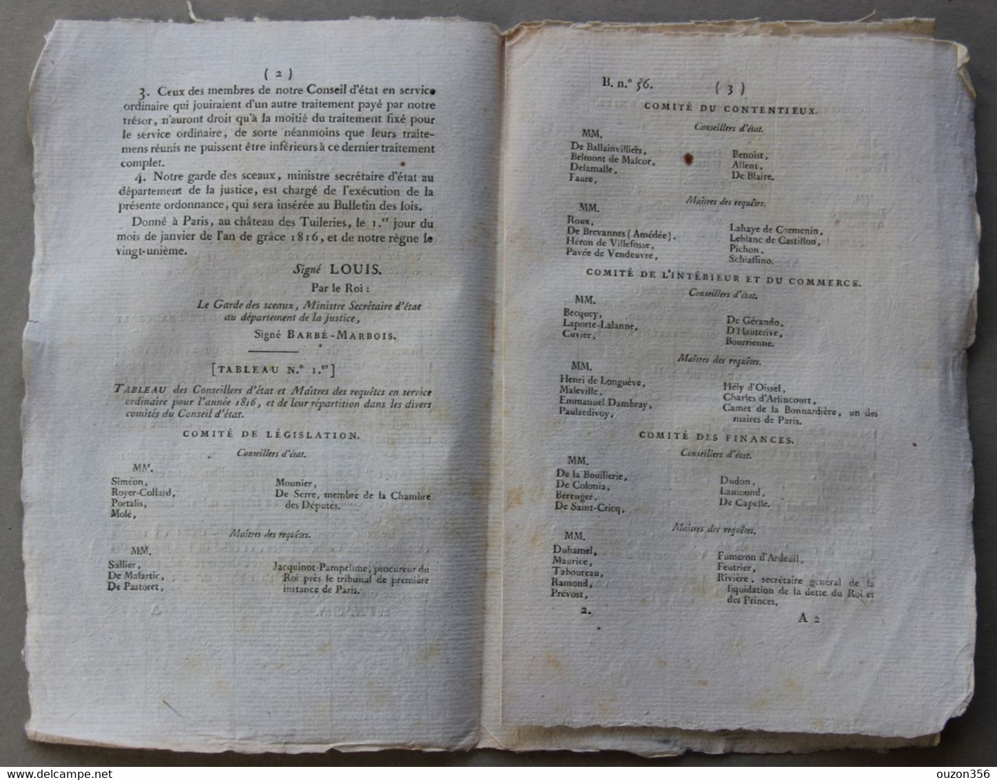 Bulletin Des Lois Du Royaume De France N°56, 7e Série, T.2, 1816, Conseillers D'état - Décrets & Lois
